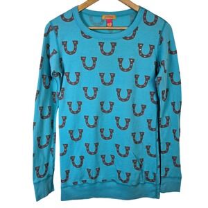 Primp Womens Turquoise Blue Horseshoe Heart Rhinestone Thermal Top Small USA